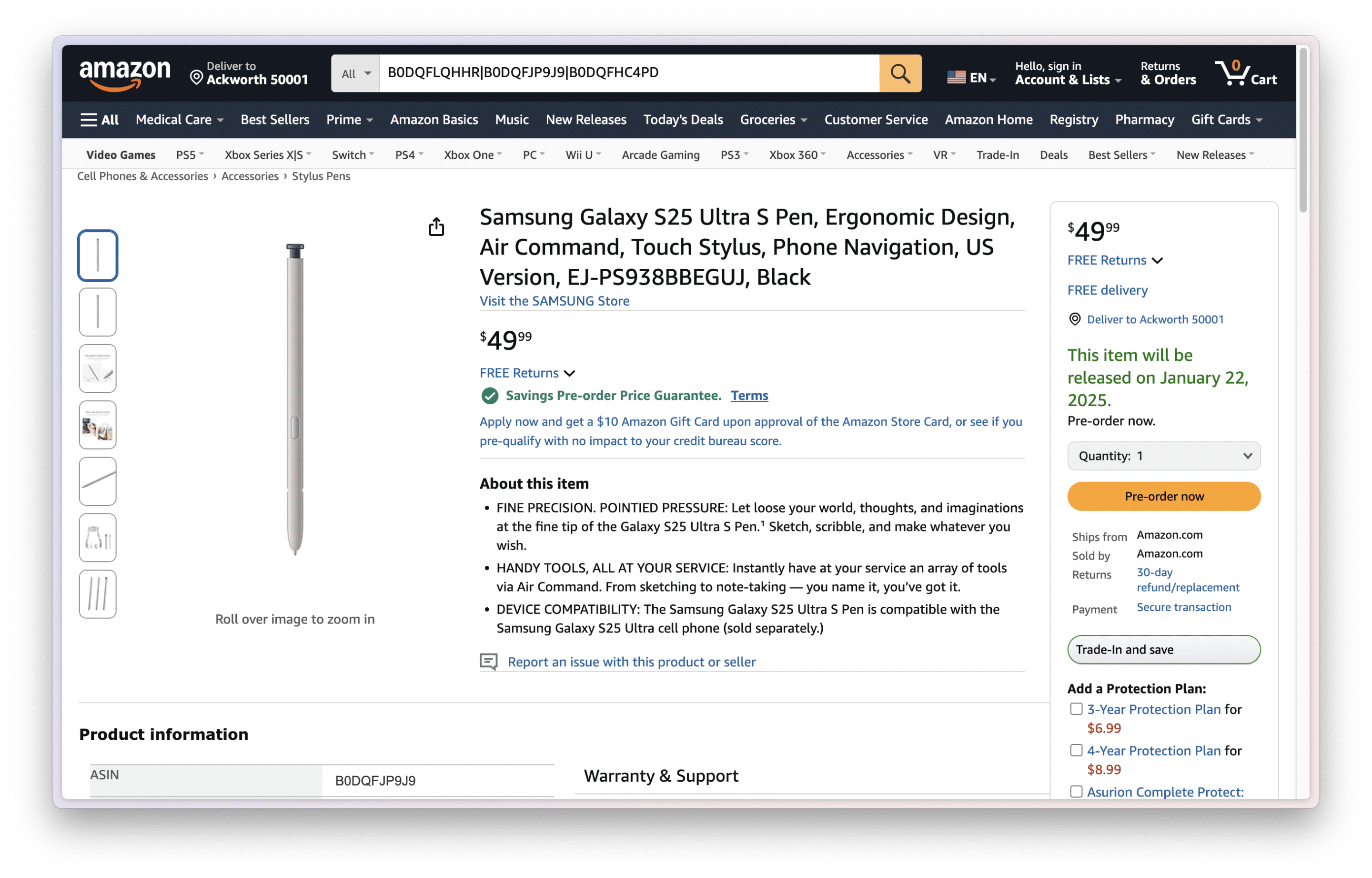 Galaxy S25 S Pen Amazon Listing